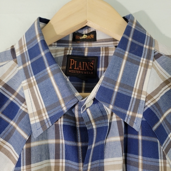 PLAINS Big Man Western Button-Up Shirt 2X Blue/White Plaid Snap Button Cotton - Picture 3 of 11